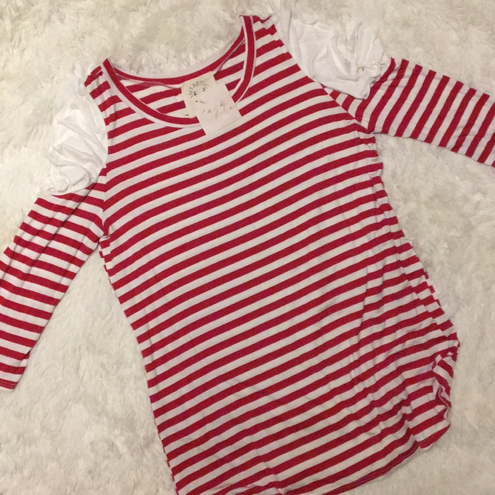 Red/White Striped Cold Shoulder Top